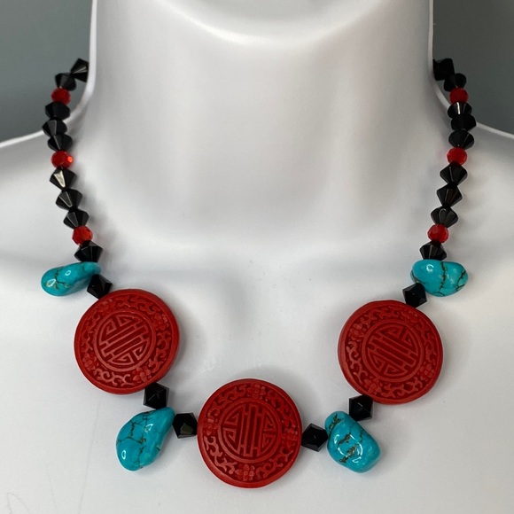 Carved Chinese Cinnabar Turquoise red black necklace